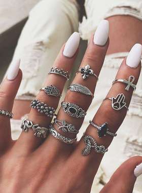 Retro fashion European style flower leaf joint ring set戒指