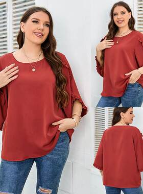 2022 plus size women casual shirts 大码女装 红色半袖宽松衬衫
