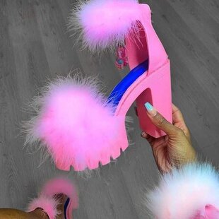 women high heel sandals 毛毛扣带粗高跟凉鞋大码43凉鞋
