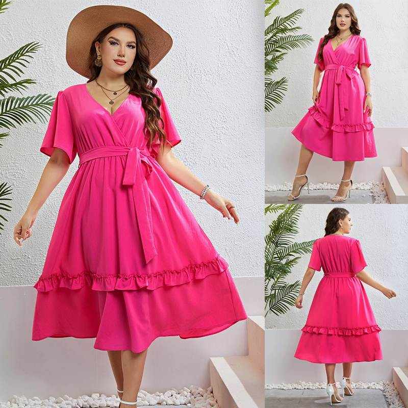 summer beautiful women plus size dress 2023夏季玫红V领连衣裙
