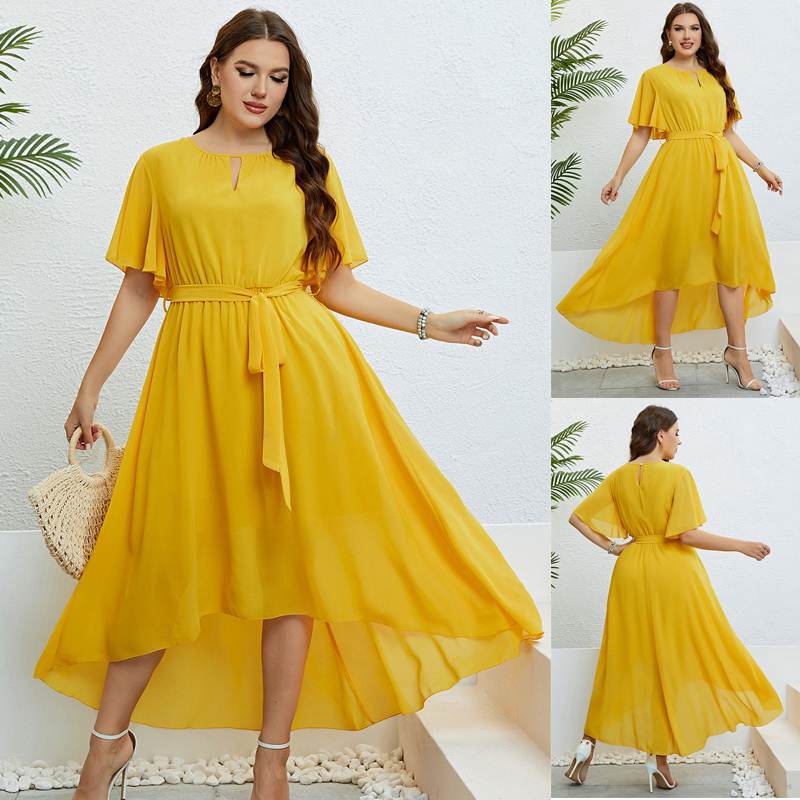 Summer plus size V-neck dress woman 大码黄色V领收腰连衣裙
