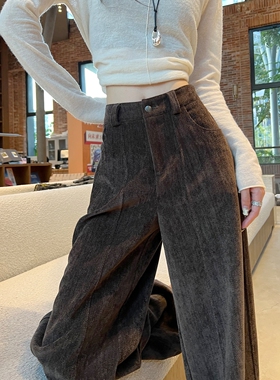 咖色人字纹雪尼尔阔腿裤女秋冬2025新款垂感老钱风直筒灯芯绒裤子