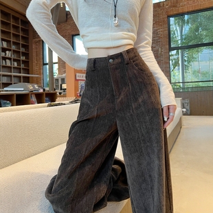 子 垂感老钱风直筒灯芯绒裤 咖色人字纹雪尼尔阔腿裤 女秋冬2025新款