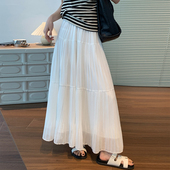 白色雪纺半身裙女中长款 2025夏新款 A字伞裙大摆裙垂感百褶长裙子