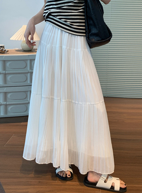 白色雪纺半身裙女中长款2026夏新款A字伞裙大摆裙垂感百褶长裙子