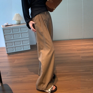 女2025春秋季 休闲直筒裤 新款 裤 高腰垂感宽松显瘦西装 棕咖色阔腿裤