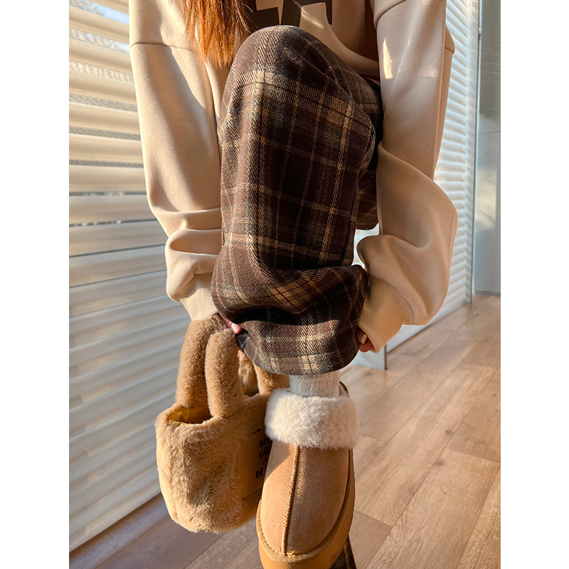加绒格子裤女慵懒阔腿裤毛呢裤子