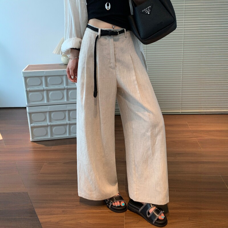 原麻阔腿裤女夏季薄款老钱风松驰感小个子休闲九分裤天丝亚麻裤子