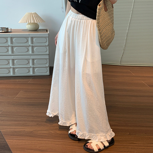 赵露思同款白色荷叶花边直筒裙裤亚麻裤子女夏季薄款九分阔腿裤裙