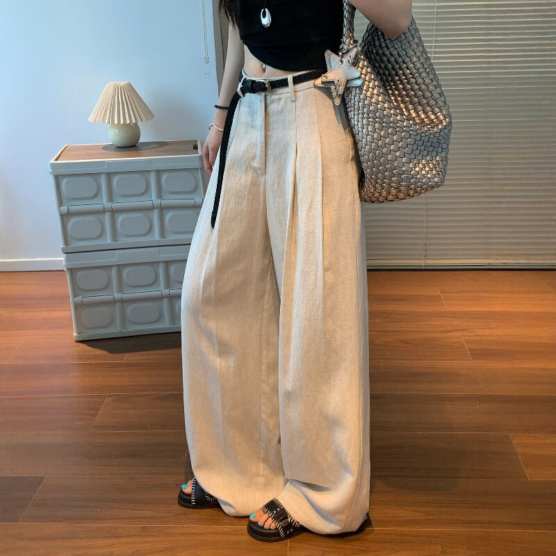 亚麻阔腿裤女2026夏季薄透气宽松天丝直筒裤老钱松弛感休闲西装裤