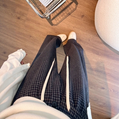 藏蓝色毛呢格子裤女春秋2025新款