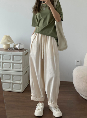 日系棉麻阔腿裤女宽松舒适哈伦萝卜慵懒风高腰奶奶裤白色工装裤春