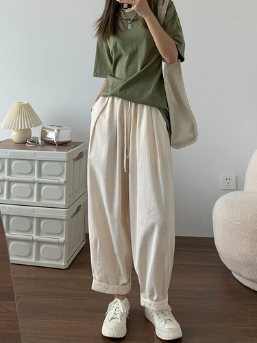 日系棉麻阔腿裤女宽松舒适哈伦萝卜慵懒风高腰奶奶裤白色工装裤春