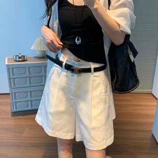 白色亚麻短裤女夏新款小个子宽松人字纹天丝麻西装阔腿五分短裤