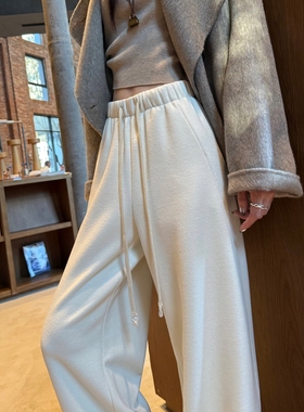 白色羊毛阔腿裤女2025秋冬新款微皱泡泡纱斜纹加绒裤子直筒休闲裤