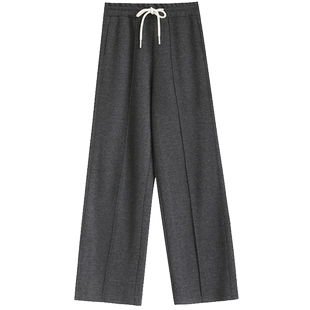 人字纹阔腿裤女高腰垂感秋冬羊毛窄版直筒裤子加绒灰色毛呢西装裤