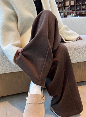 棕咖色阔腿裤女秋冬新款高腰显瘦直筒加厚裤子老钱风宽松弯镰刀裤