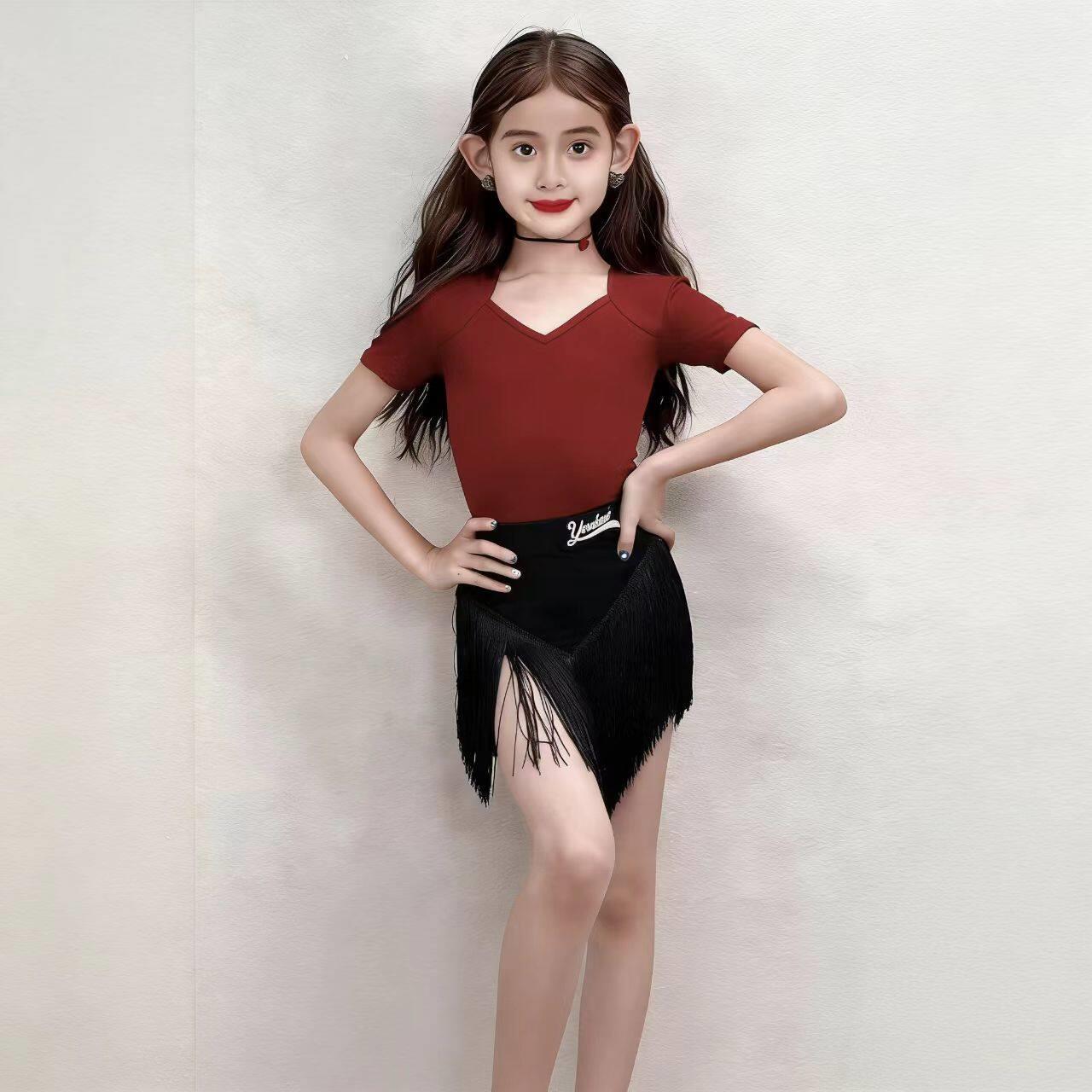 拉丁舞蹈练功服女童2026夏新款短袖流苏裙幼儿演出服拉丁舞蹈服装