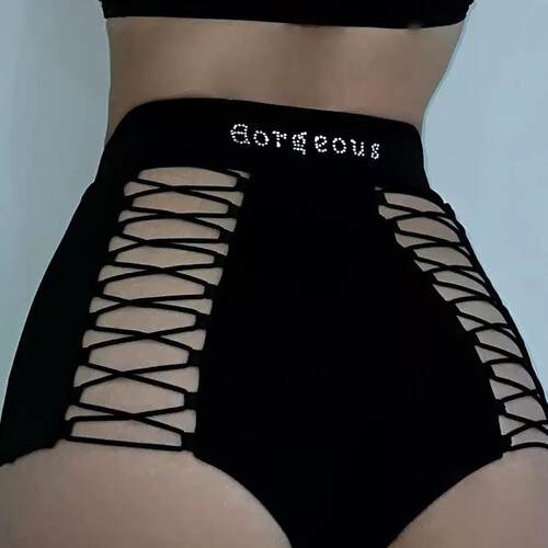 Gorgeous超绝绑带烫钻高腰Heels短裤TWERK高腰钢管舞polewear热裤