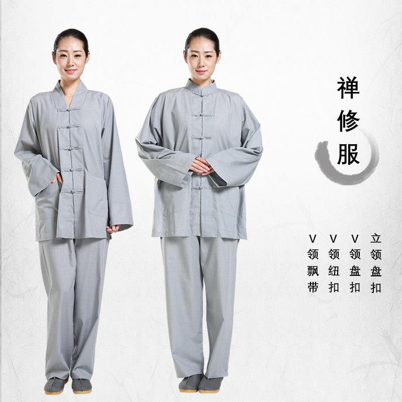 海青居士服套装四季传统布扣盘扣中式禅修服女款僧服灰色春夏秋季