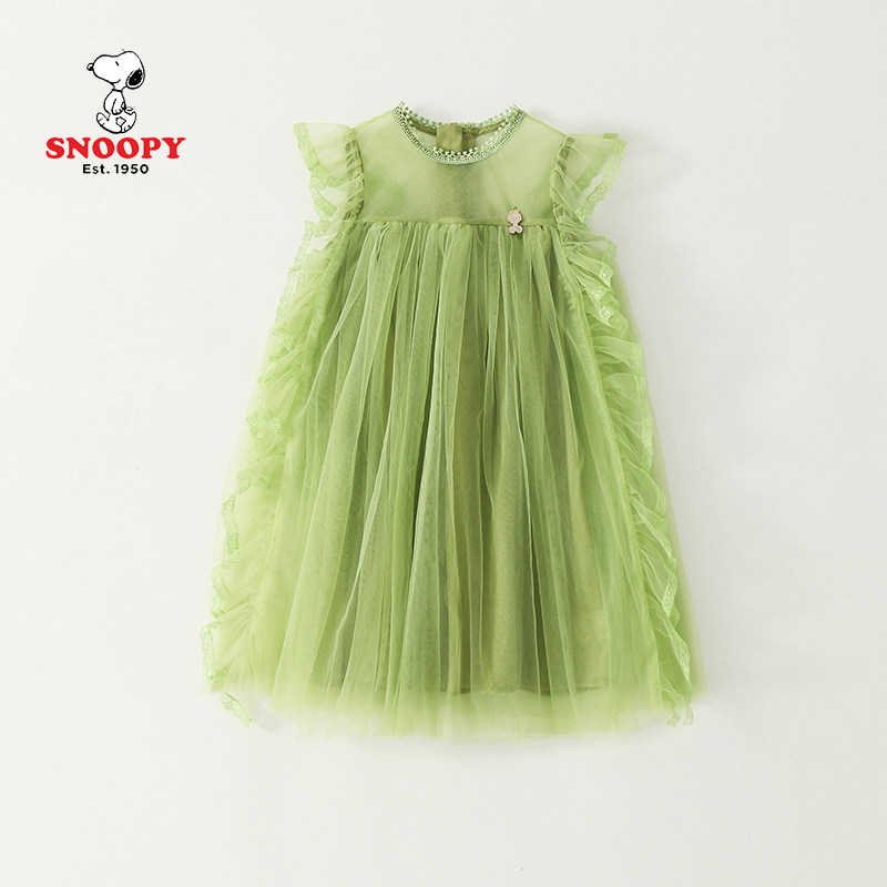 史努比女童网纱裙子飘逸飞袖蓬蓬裙夏季连衣裙洋气绿色裙子女孩儿