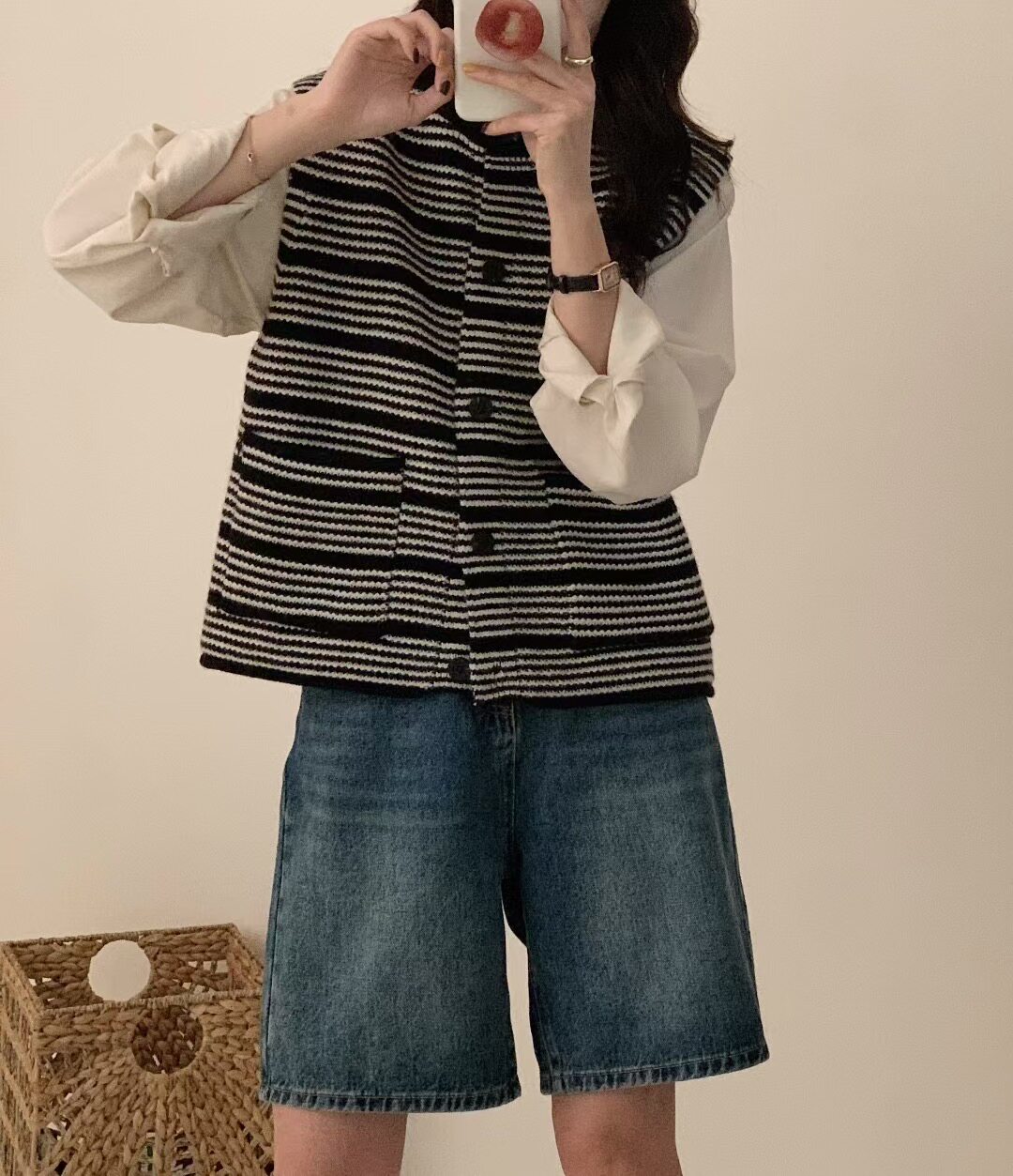慵懒复古黑色条纹针织马甲开衫女宽松春秋冬叠穿毛衣背心上衣外搭