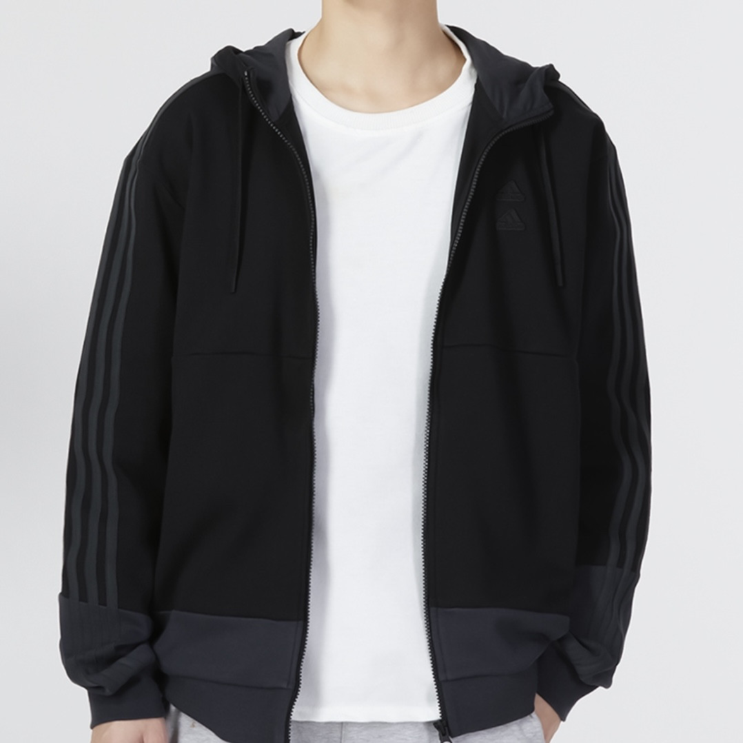 阿迪达斯正品adidas 三条纹运动休闲连帽夹克 男款 黑色 IA6962