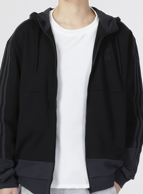 阿迪达斯正品adidas 三条纹运动休闲连帽夹克 男款 黑色 IA6962
