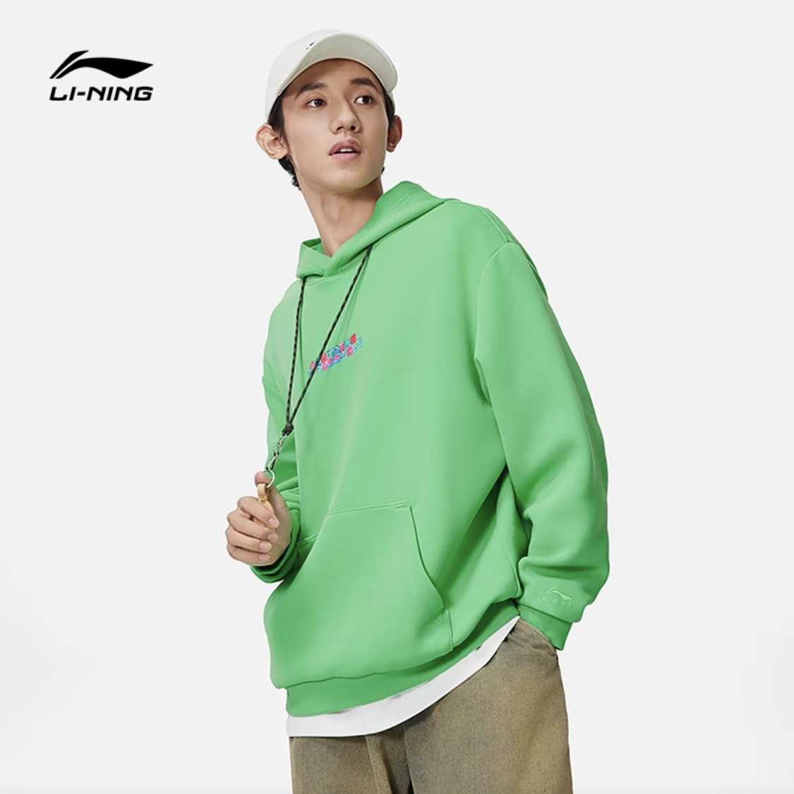 LiNing李宁 运动生活系列 棉涤字母印花图案连帽套头 AWDU023-4
