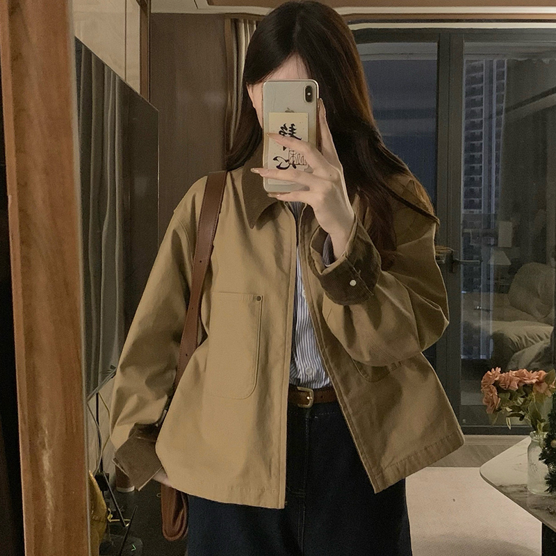 实拍 女装休闲拉链短茄克/外套巴恩风翻领时尚夹克2025秋季新款潮