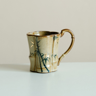 仿古描金手绘青竹水杯喝茶杯主人杯带把陶瓷马克杯女士咖啡杯
