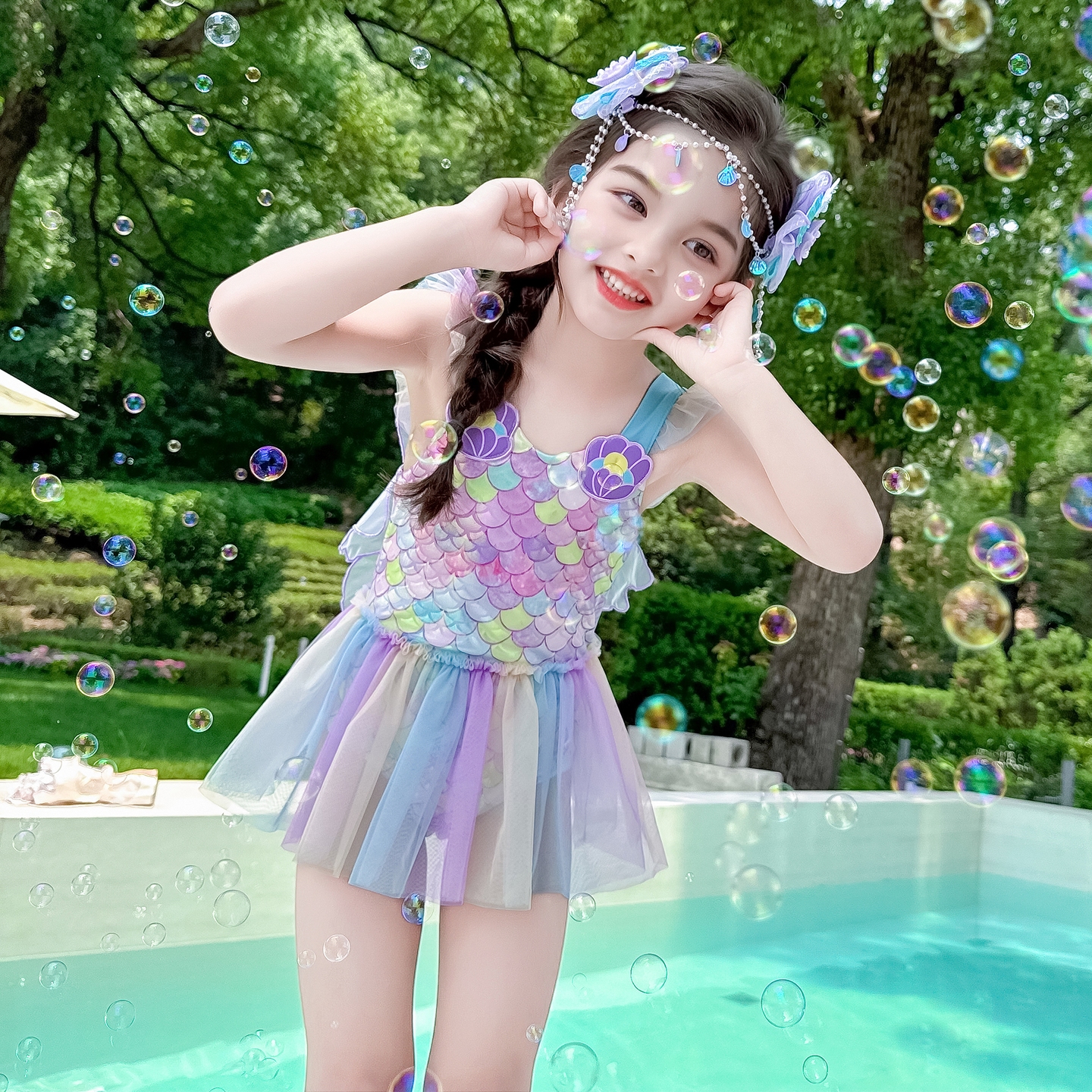 女童美人鱼连体泳衣2025夏季新款儿童公主裙式泳装女孩卡通游泳衣
