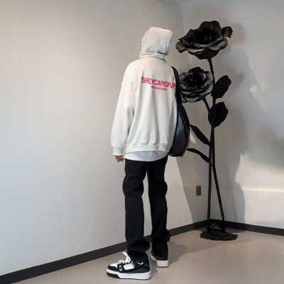 美式高街oversize淡灰色字母印花连帽卫衣男春秋薄款情侣百搭外套