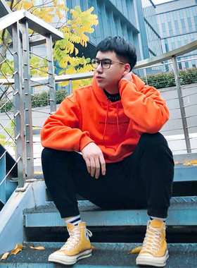 欧美oversize街头嘻哈潮ins橙色连帽衫卫衣男2025春秋新款外套男