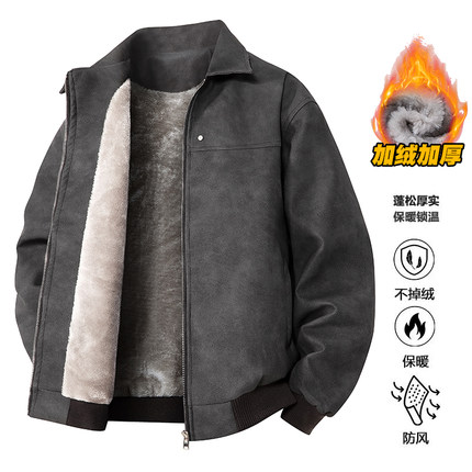 冬季新款PU加绒皮衣男加厚翻领机车皮夹克男美式街头复古cleanfit