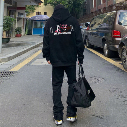 秋季高街重磅连帽卫衣男款痞帅潮牌上衣美式外套复古加绒休闲黑色