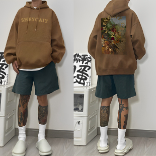 美式vibe复古街头潮牌咖啡色卫衣男生欧美oversize连帽衫加绒外套