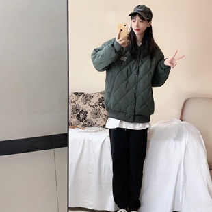 日系潮牌菱格棉衣棒球服外套男秋冬休闲宽松百搭复古情侣夹克棉服