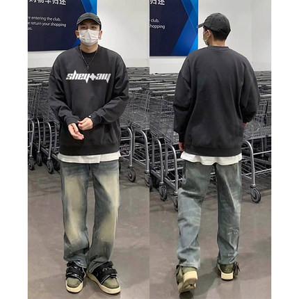 圆领卫衣男秋冬款2025新款时尚潮牌宽松百搭套头长袖衣服韩版印花
