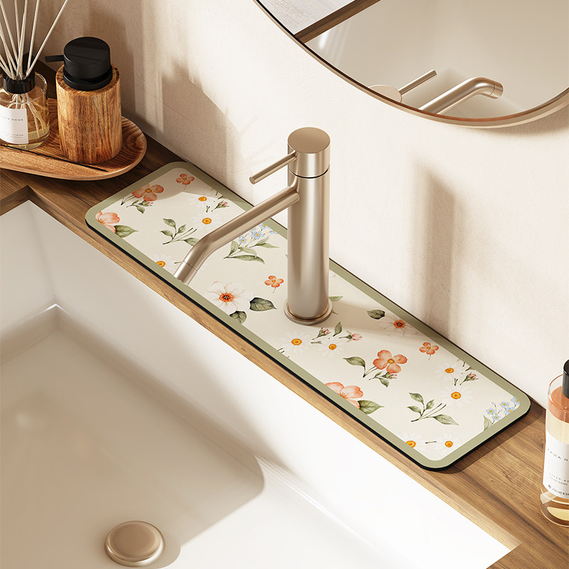 清新简约小花卫生间水龙头防溅垫吸水速干防滑垫水池洗漱台软垫子