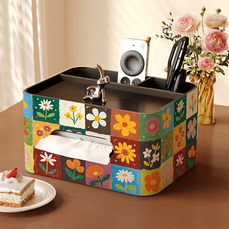 美式可爱花卉纸巾盒客厅高级感多功能遥控器收纳盒茶几桌面抽纸盒,收纳整理,纸巾盒,淘宝优惠券,粉丝福利购,淘宝优惠卷