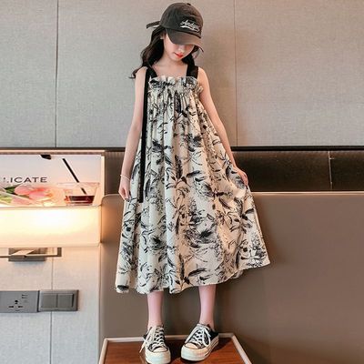 女童夏装连衣裙2025新款女大童洋气水墨画复古吊带裙子儿童公主裙