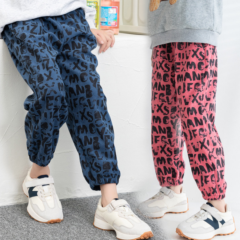 儿童泡泡灯芯绒裤子2024秋冬季新款束脚裤保暖轻盈男女童休闲长裤