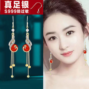 耳环2025年新款潮999纯银耳饰品女红色高级感流苏新娘感防过敏