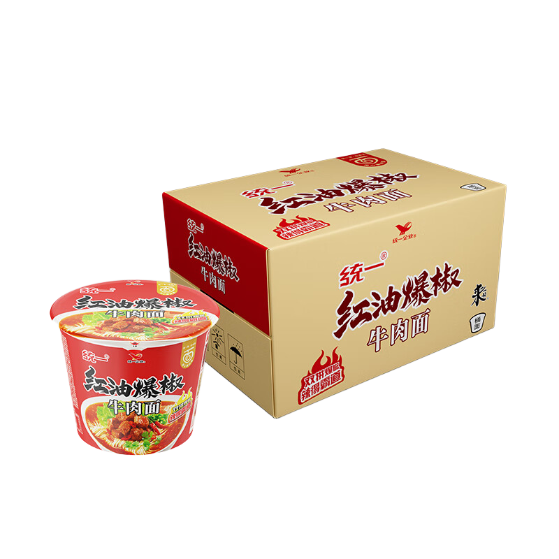 统一桶装红油爆椒泡面8桶整箱批发方便面速食宵夜食品泡面