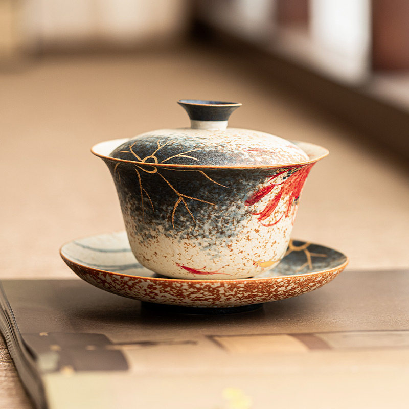 霜语青花火石红陶瓷三才盖碗茶杯家用手绘复古泡茶碗带盖子功夫茶
