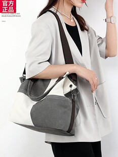 官方袋鼠专柜女士帆布包时尚百搭休闲手提斜挎包2024新款潮流拼接