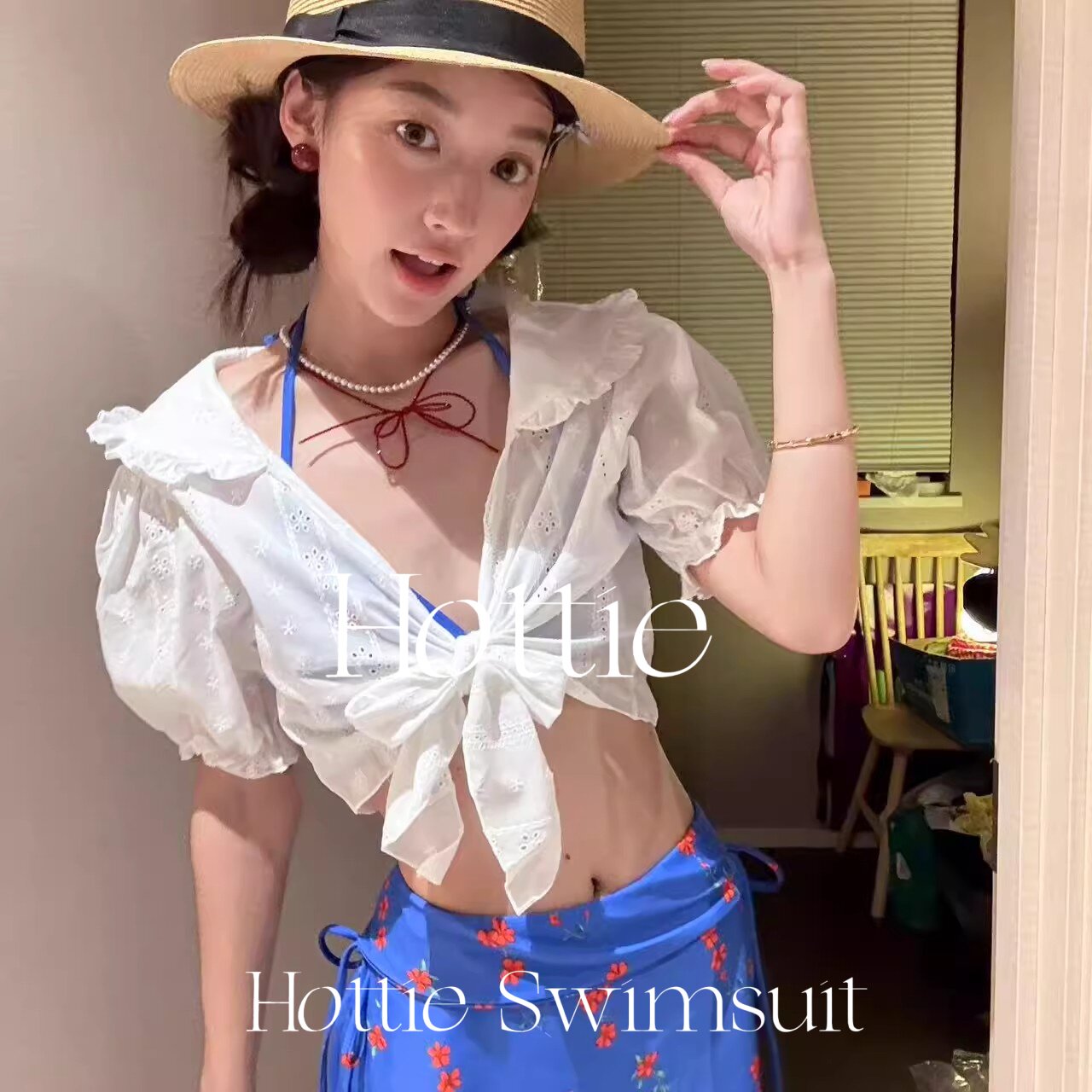 【泡芙蓝】甜美可爱少女泳衣分体四件套显瘦性感温泉度假风泳装女