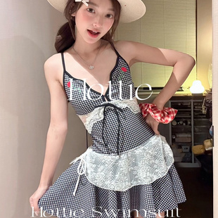 格子性感温泉度假风泳装 甜美可爱少女泳衣连体裙式 女 玫瑰格纹
