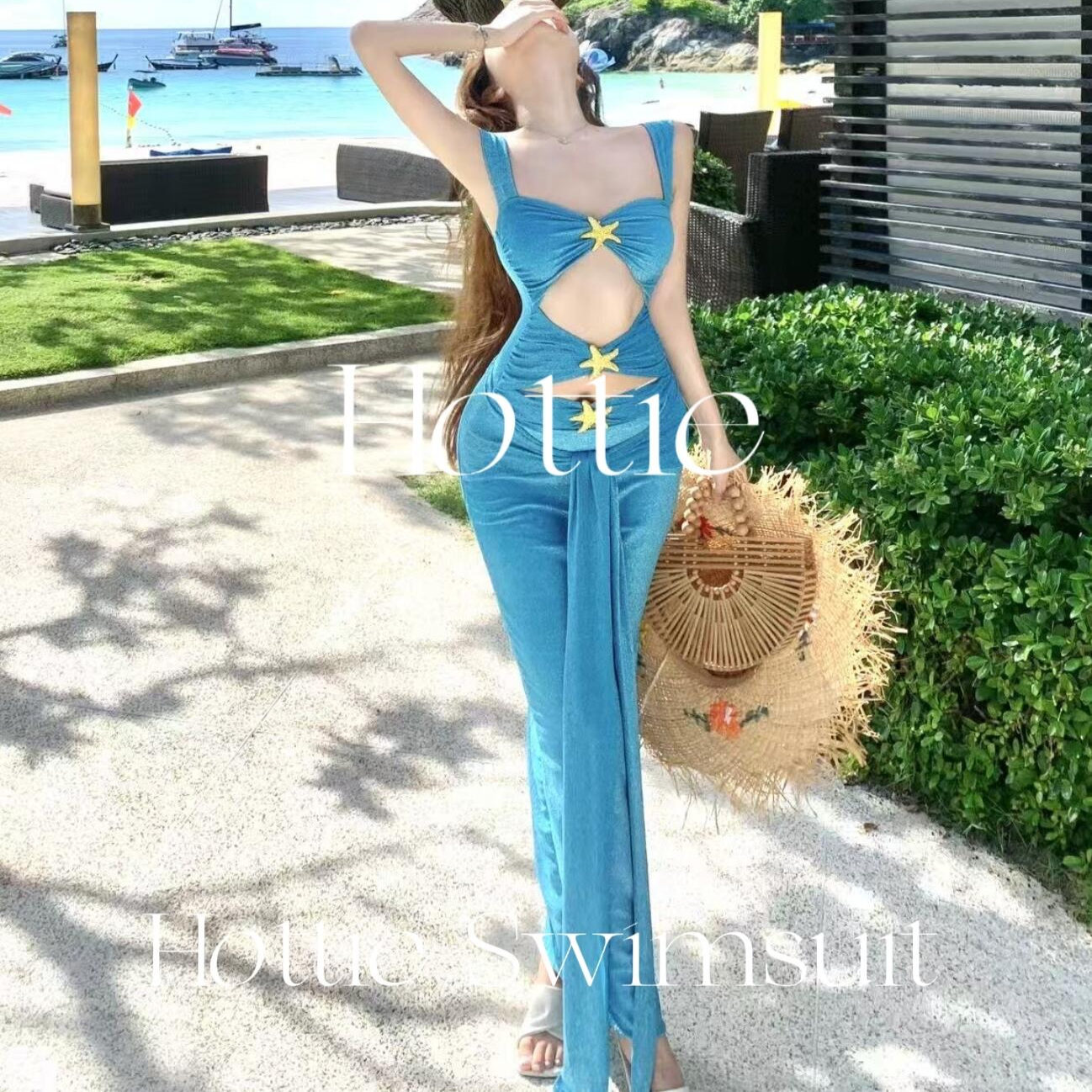 【海洋之星】性感显白蓝色细闪镂空连体泳衣包臀长裙沙滩海岛度假